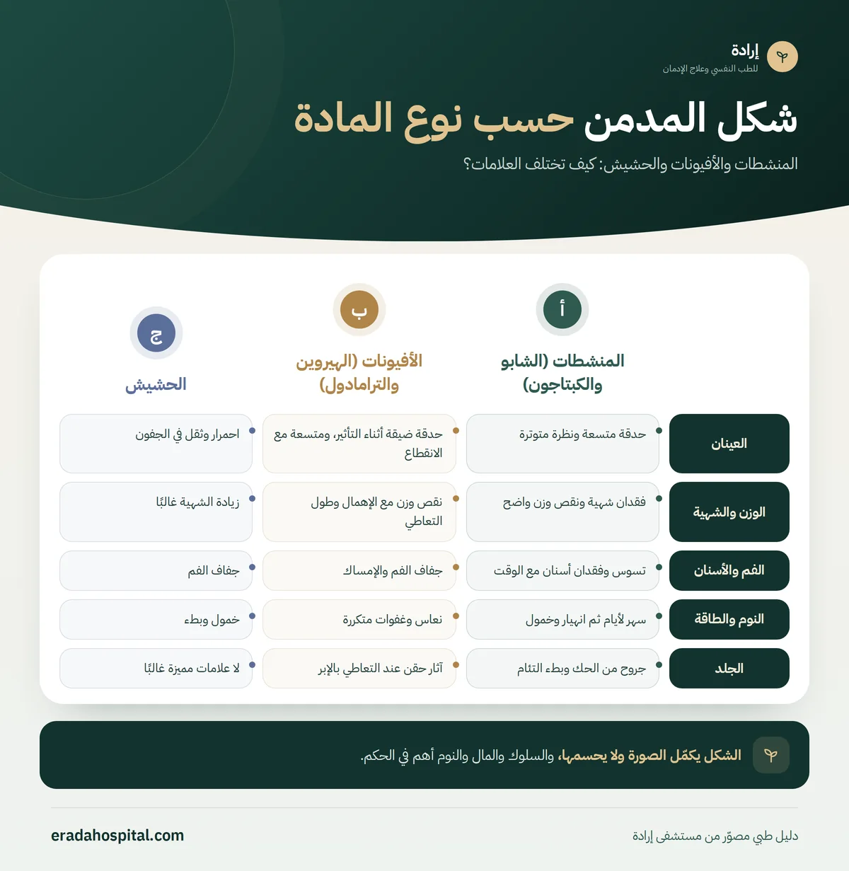 إنفوجرافيك شكل المدمن حسب نوع المادة: العينان، الوزن والشهية، الفم والأسنان، النوم والطاقة، الجلد