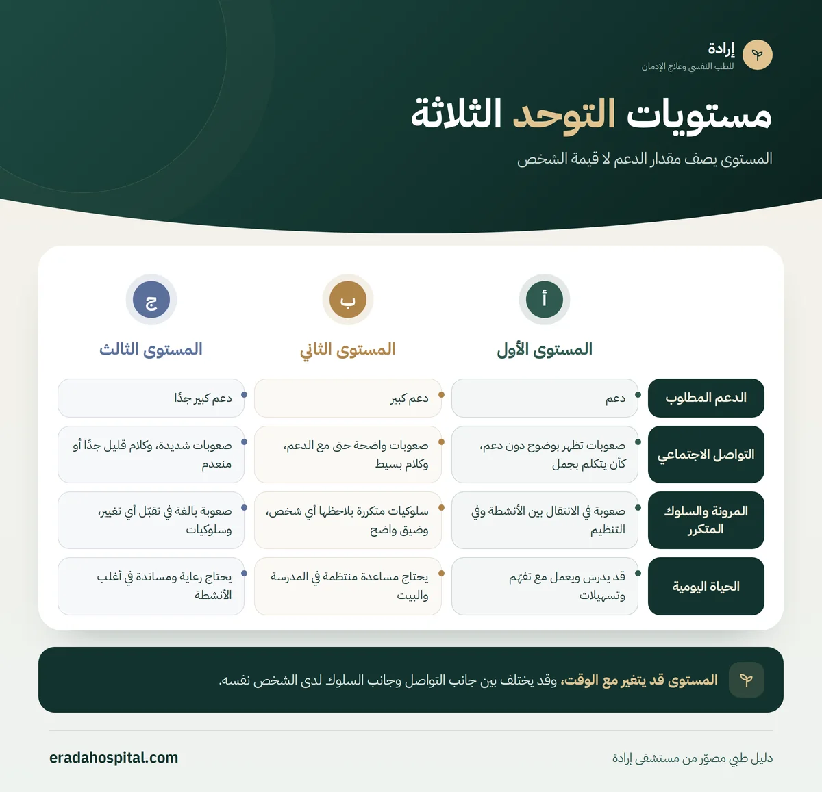 إنفوجرافيك مستويات التوحد الثلاثة: الدعم المطلوب، التواصل الاجتماعي، المرونة والسلوك المتكرر، الحياة اليومية