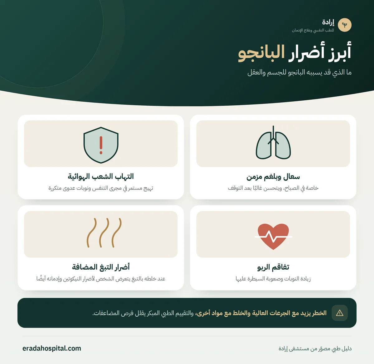 إنفوجرافيك أبرز أضرار البانجو: سعال وبلغم مزمن، التهاب الشعب الهوائية، تفاقم الربو، أضرار التبغ المضافة