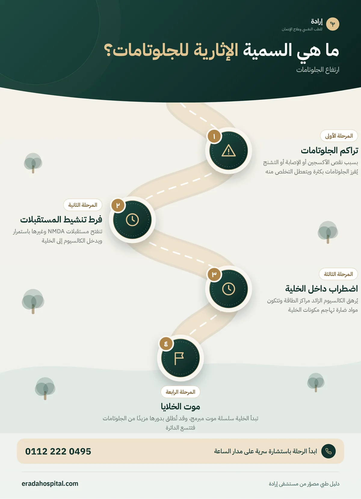 إنفوجرافيك ما هي السمية الإثارية للجلوتامات؟: تراكم الجلوتامات، ثم فرط تنشيط المستقبلات، ثم اضطراب داخل الخلية، ثم موت الخلايا