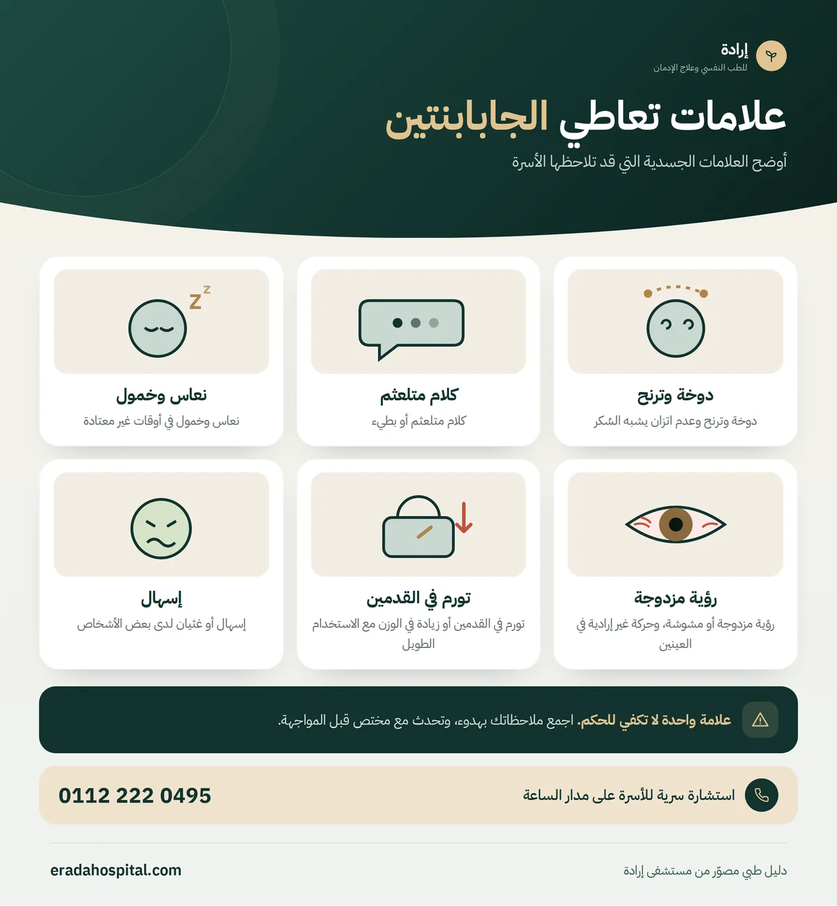 إنفوجرافيك علامات تعاطي الجابابنتين: دوخة وترنح، كلام متلعثم، نعاس وخمول، رؤية مزدوجة، تورم في القدمين، إسهال