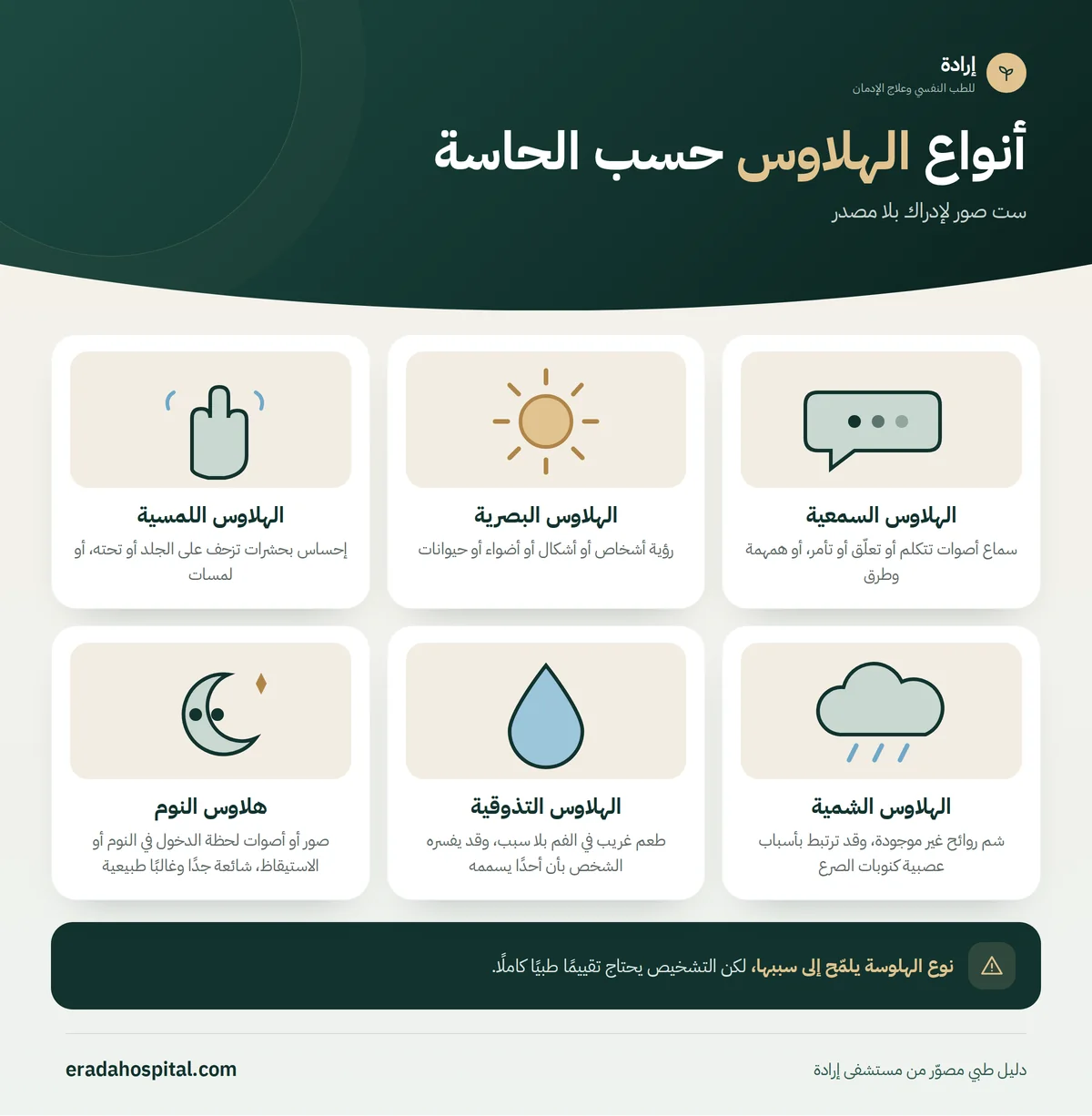 إنفوجرافيك أنواع الهلاوس حسب الحاسة: الهلاوس السمعية، الهلاوس البصرية، الهلاوس اللمسية، الهلاوس الشمية، الهلاوس التذوقية، هلاوس النوم
