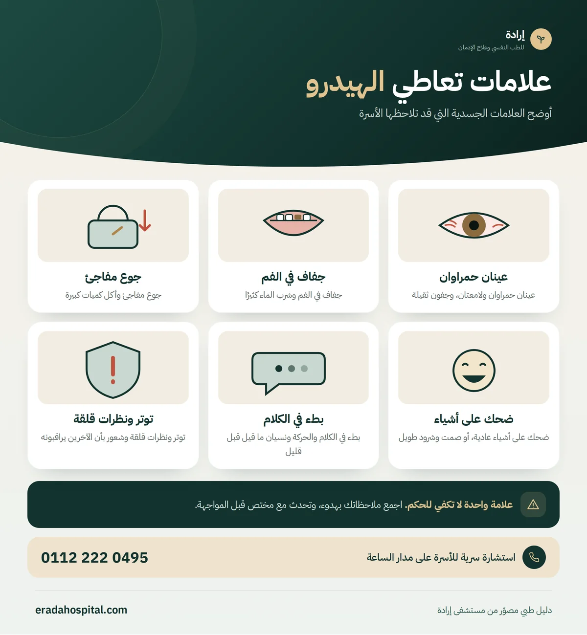 إنفوجرافيك علامات تعاطي الهيدرو: عينان حمراوان، جفاف في الفم، جوع مفاجئ، ضحك على أشياء، بطء في الكلام، توتر ونظرات قلقة