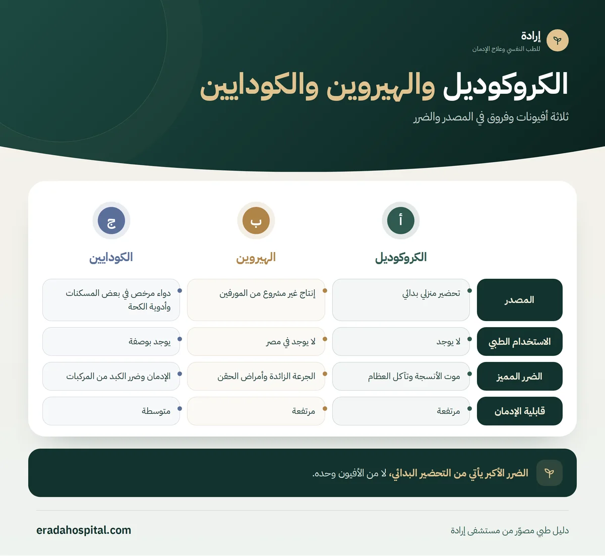 إنفوجرافيك الكروكوديل والهيروين والكودايين: المصدر، الاستخدام الطبي، الضرر المميز، قابلية الإدمان