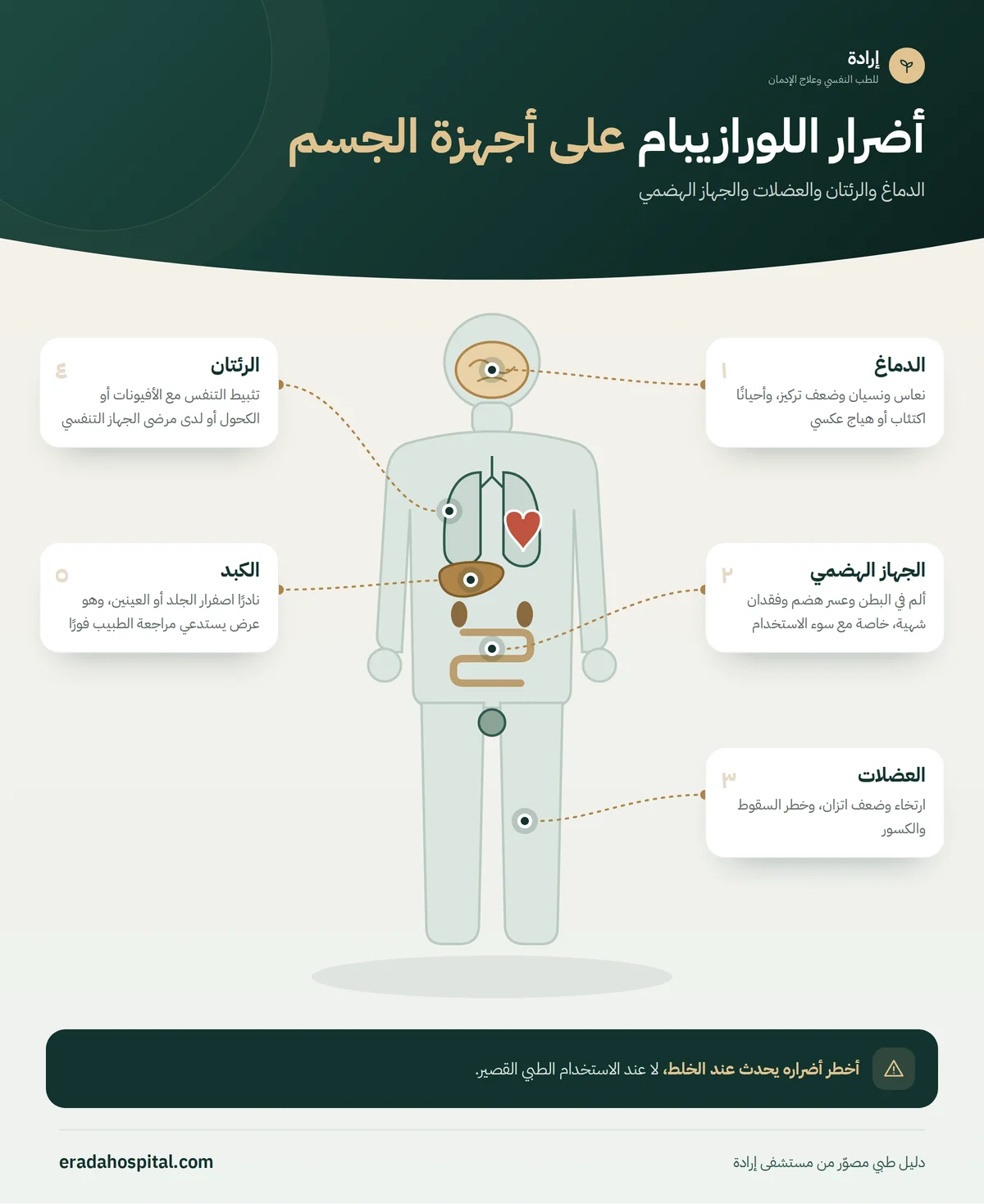 إنفوجرافيك أضرار اللورازيبام على أجهزة الجسم: الدماغ، الرئتان، العضلات، الجهاز الهضمي، الكبد