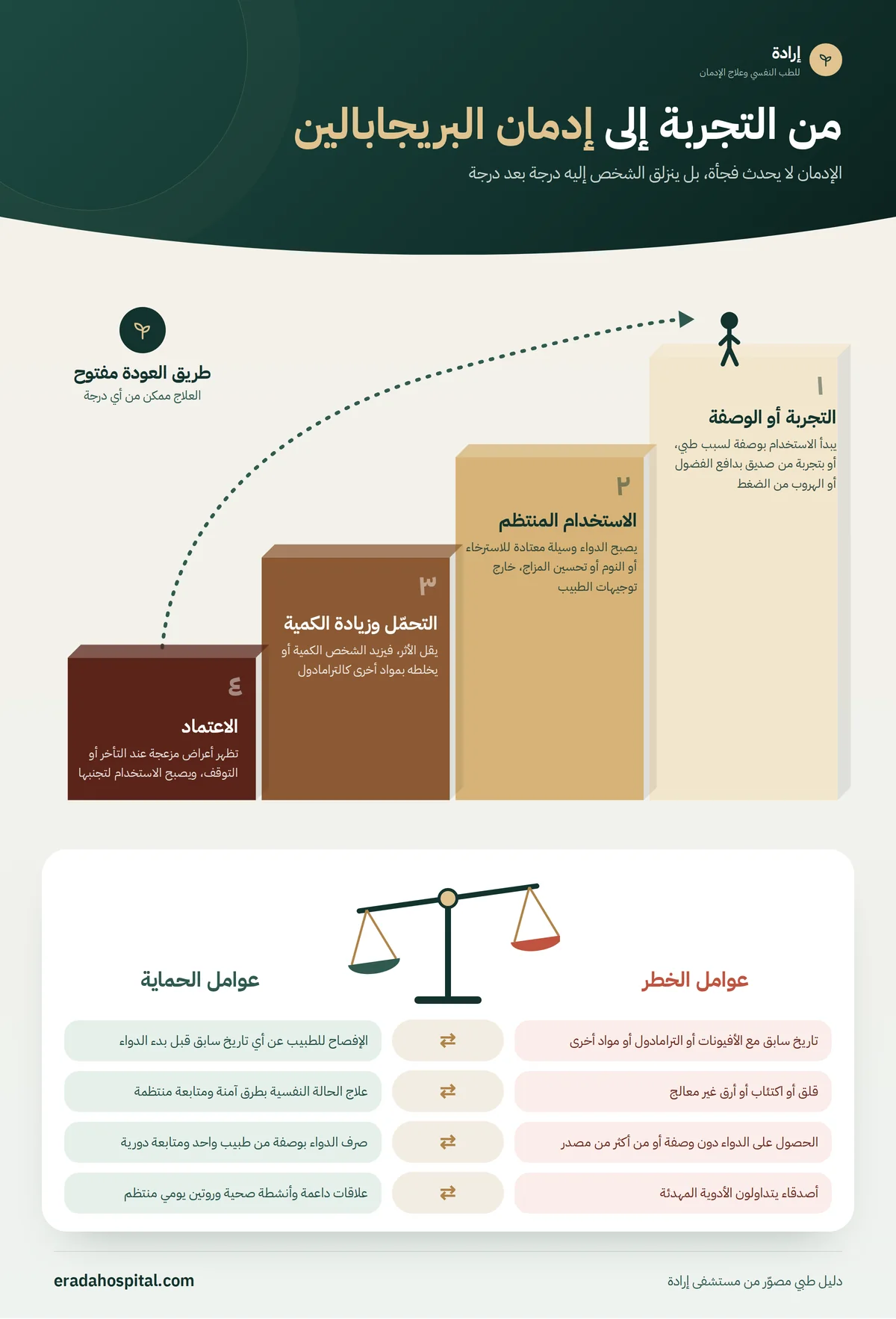 إنفوجرافيك مراحل تطور إدمان البريجابالين: التجربة أو الوصفة، ثم الاستخدام المنتظم، ثم التحمّل وزيادة الكمية، ثم الاعتماد، مع مقارنة عوامل الخطر وعوامل الحماية