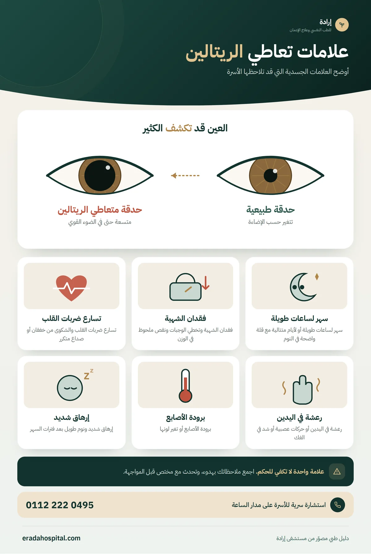 إنفوجرافيك علامات تعاطي الريتالين: سهر لساعات طويلة، فقدان الشهية، تسارع ضربات القلب، رعشة في اليدين، برودة الأصابع، إرهاق شديد، وتغير حدقة العين